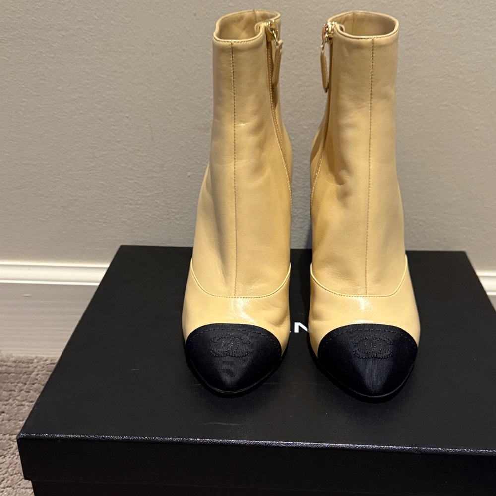 CHANEL Black and Cream Ankle Boots